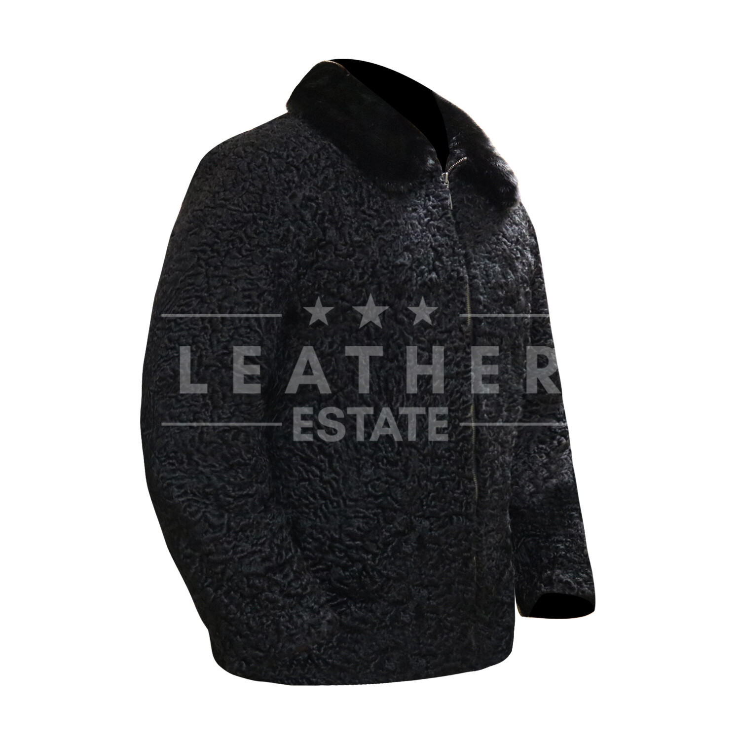 Pre-owned Leather Estate Men's Black Persian Lamb Fur Black Mink Fur Collar Zipper Coat