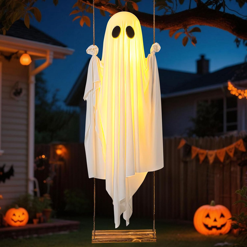 Halloween Deko Geist mit Schaukel 100 cm LED Lichterkette Fernbedienung