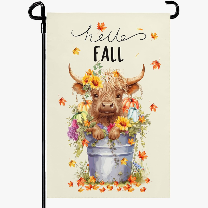 Hello Fall Garden Flag Highland Cow Polyester Yard Flag Double Sided Vertical 12