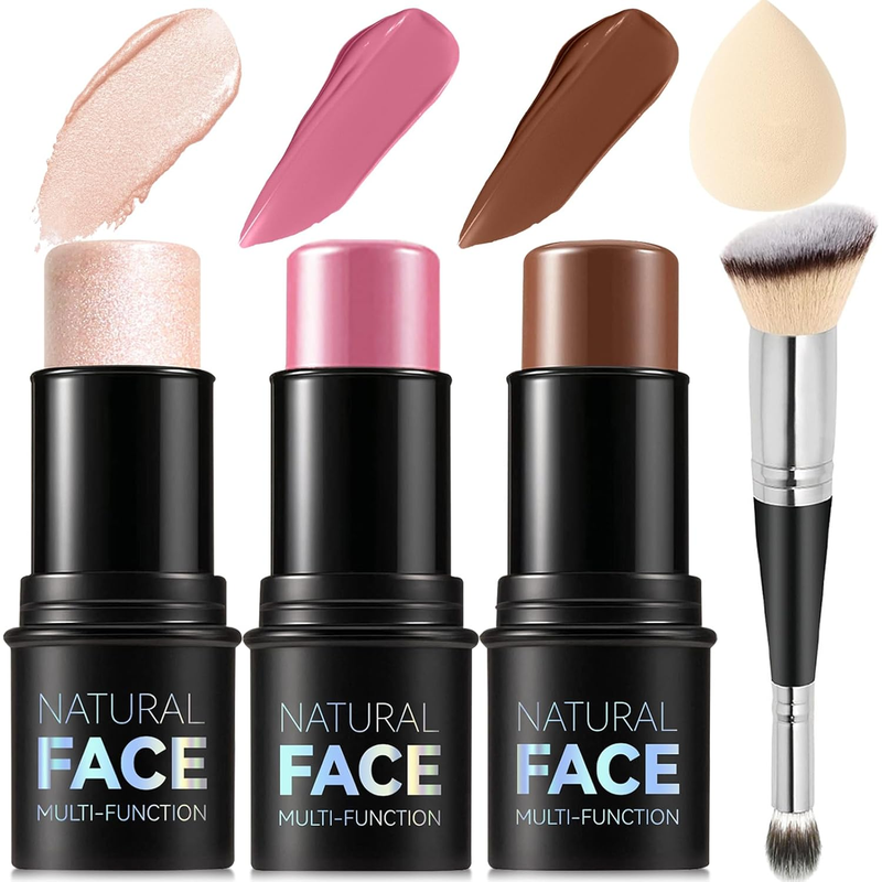 3Pcs Cream Contour Stick Makeup Kit, Shades with Highlighter, Blush and Bronzer