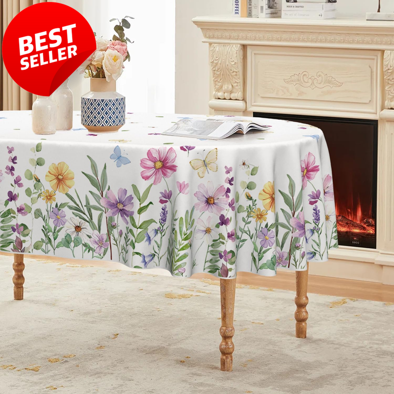 Spring Tablecloth 60x84 Oval Wildflowers Floral Butterfly Washable - US