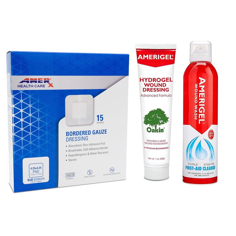 Total First Aid Bundle - Large - Hydrogel Wound Dressing (1 Oz.) - Saline Wound Wash First Aid Cleansing Solution (7.1 Oz.) - Bordered Gauze Adhesive Bandages (15 Pads)