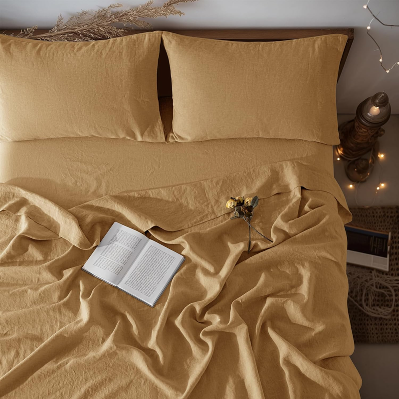 LBR02M 100% Linen Sheet Set Queen Size,Bed Sheets 4 Piece Sets,Solid Color Natural Flax Bed Sheets Soft Breathable Bedding,16