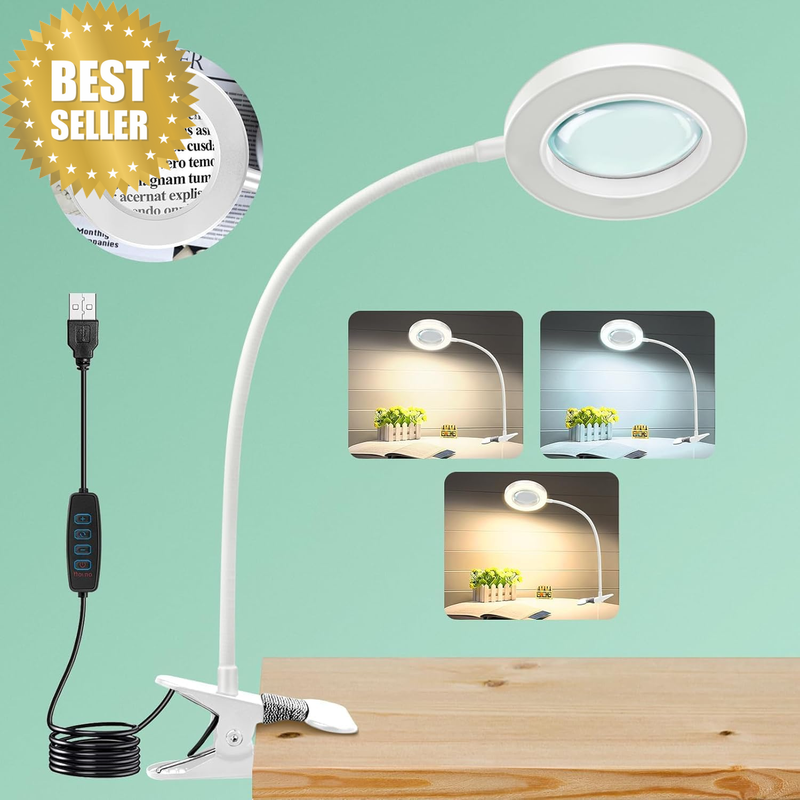 Magnifying Clip on Lamp, 48 LED USB | 3 Color Modes, 10 Brightness Levels, Flexi