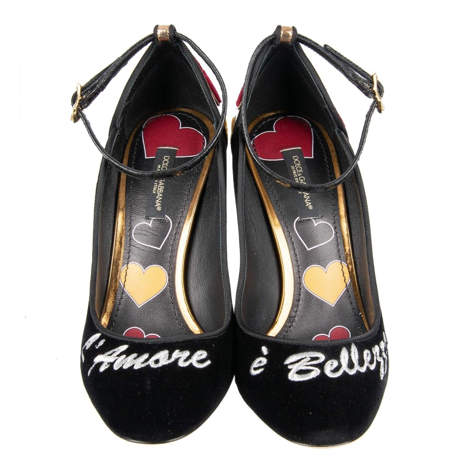 Pre-owned Dolce & Gabbana Velvet Ankle Strap Hearts Pumps Vally L'amore Black Gold 09041