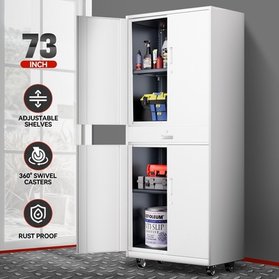 73 Белых запирающихся металлических шкафа для хранения с выдвижными ящиками и регулируемыми полками и колесиками