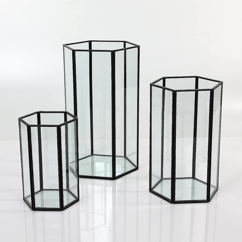 Glass Hurricane Candle Holder, Set of 3 Large Clear Hexagon Lanterns Pillar Cand