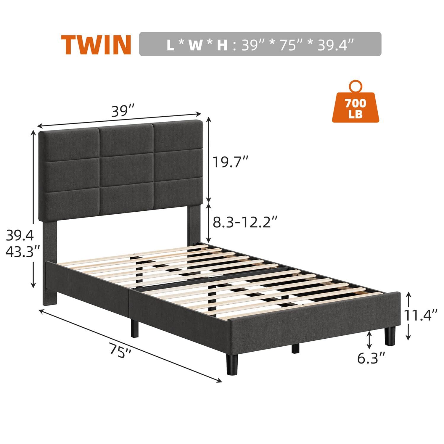 Twin Full Queen King Size Bed Frame Adjustable Upholstered Platform Headboard