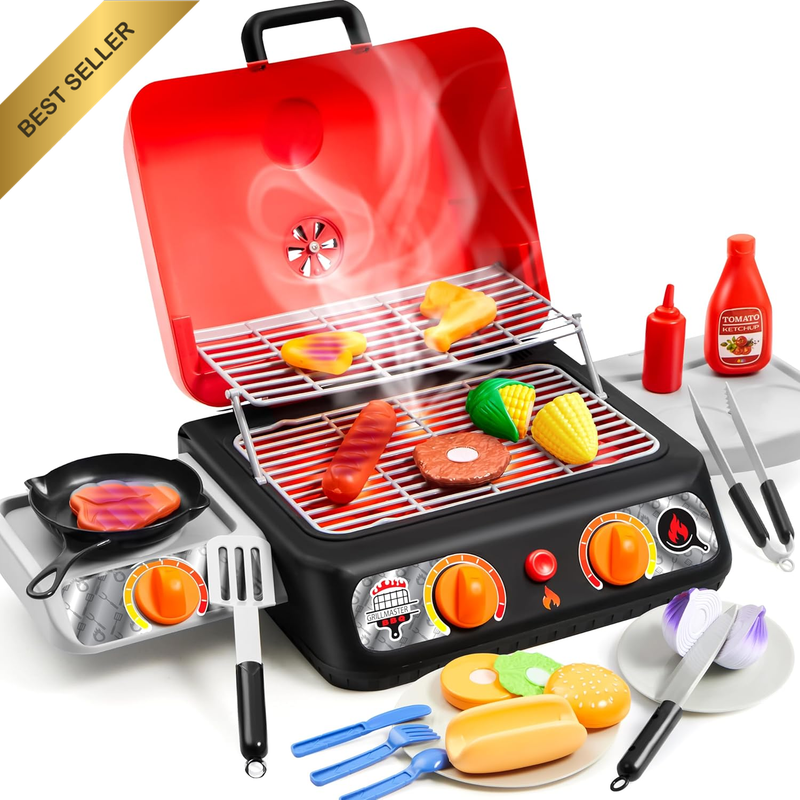 Kids BBQ Grill Playset, Kitchen Toy Set with Pretend Smoke, Light, Sound & Color