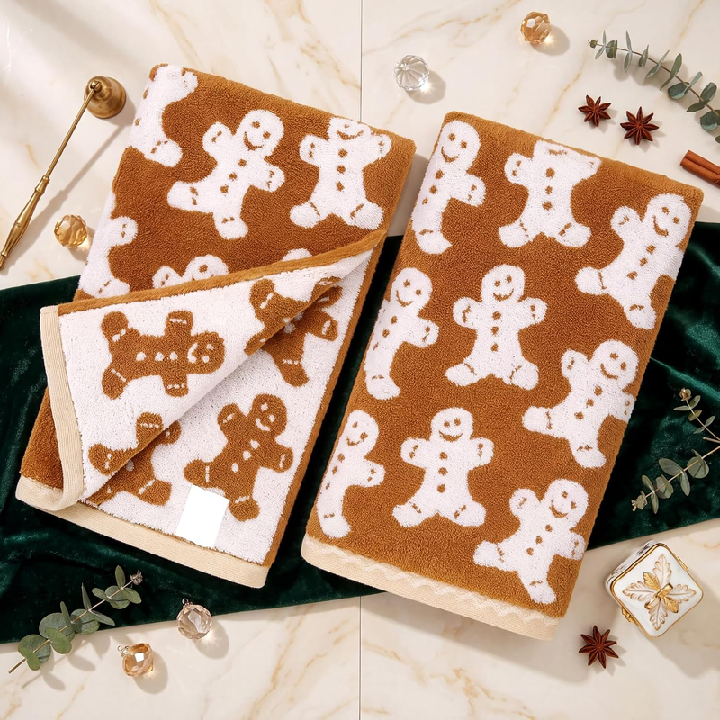 Tudomro 2 Pcs Christmas Hand Towels Brown Christmas Gingerbread Bathroom Winter