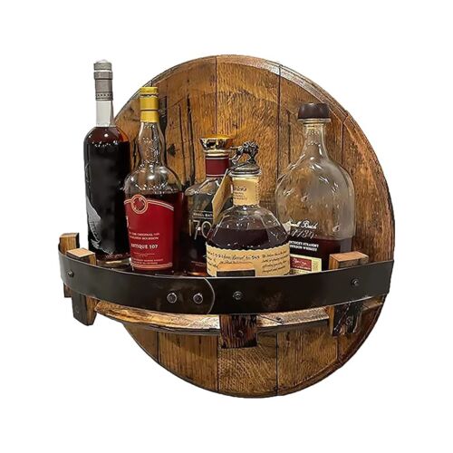 Liquor Bottle Display Bourbon Whiskey Barrel Shelf Wall Mounted Vintage Bar Rack