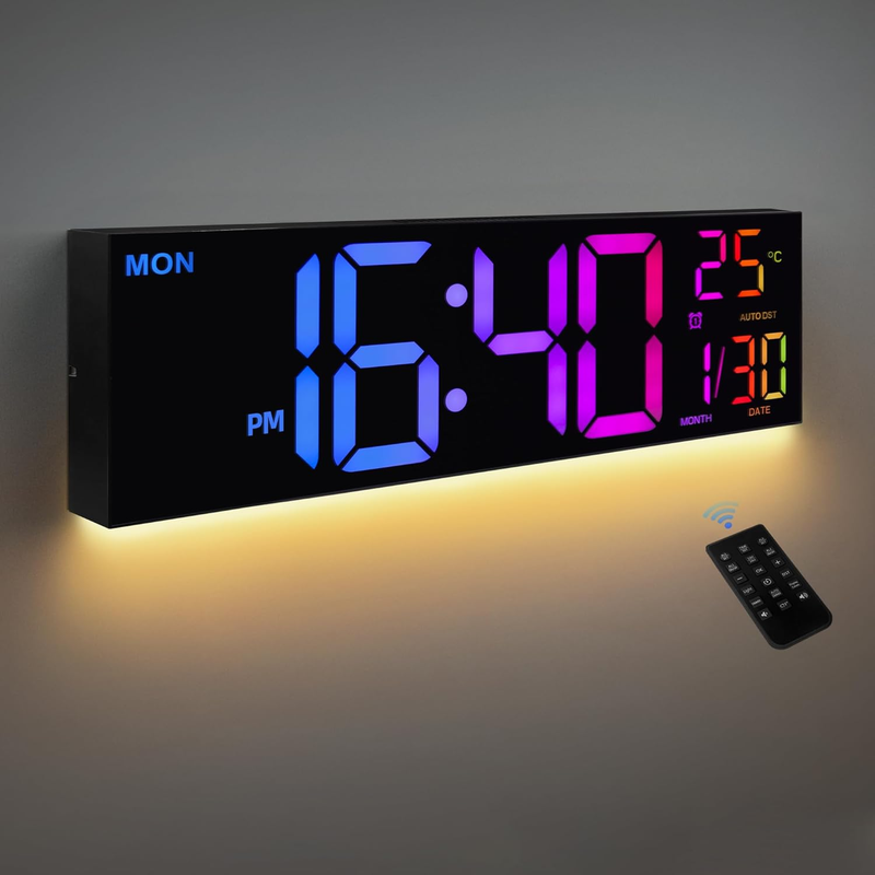 8 Colors Digital Wall Clock, 16" Large Digital Clock With Temperature, Date, Aut