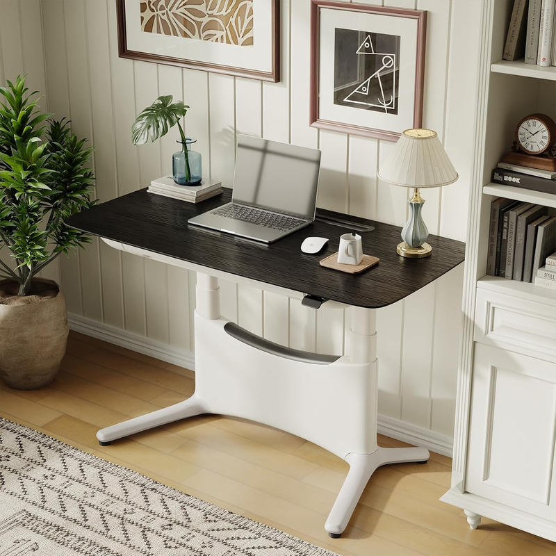 Electric Adjustable Standing Desk – 48 X 28 Inch Sit Stand Desk with Drawer & Cable Management, Dual Motor Lift System, Ergonomic Footrest, Home Office Table (Veneer Desktop, Black Oak + White)