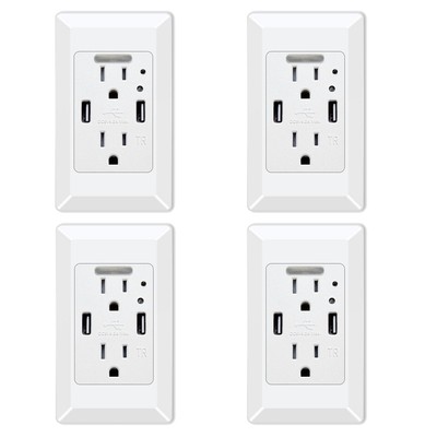 4PCS LED Night Lighted Wall Outlet 4.2A Dual USB Port TR Receptacle Plug w/Cover