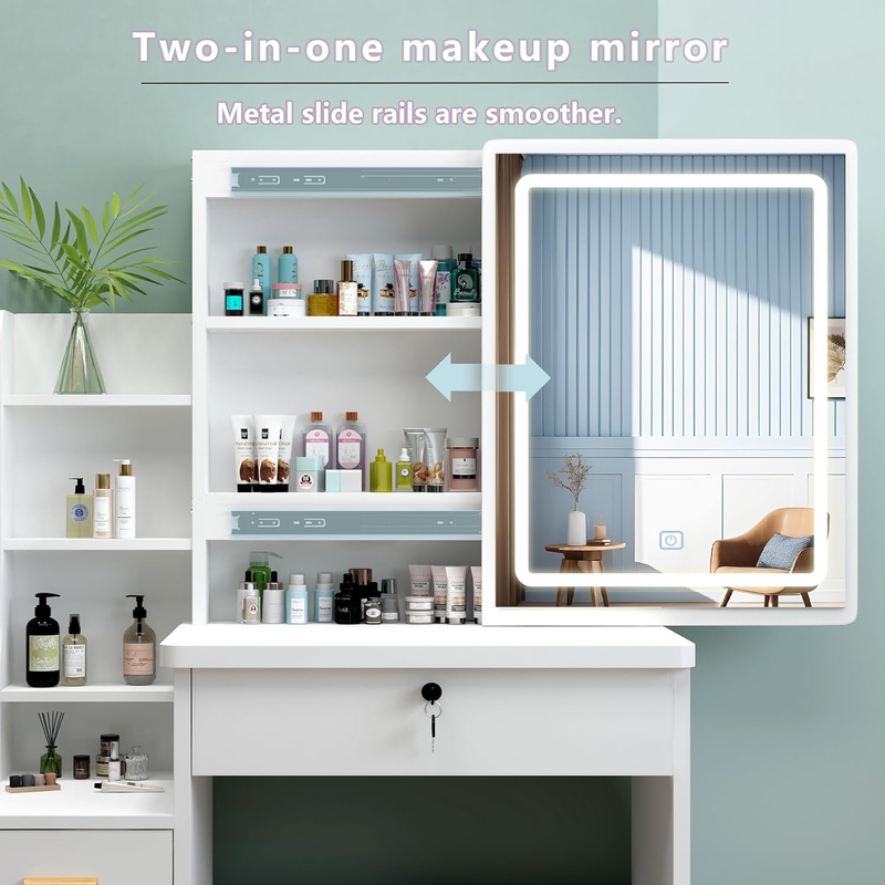 Vanity Desk with Sliding Mirror and Lights, 3 Color Light Modes Adjustable Brigh