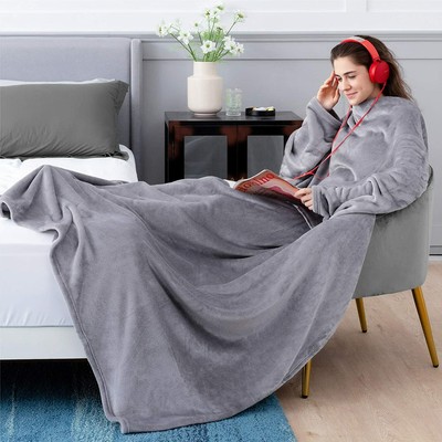 Bedsure Ärmeldecke Hellgrau Kuscheldecke mit Ärmeln 170x200 cm Ganzkörperdecke 