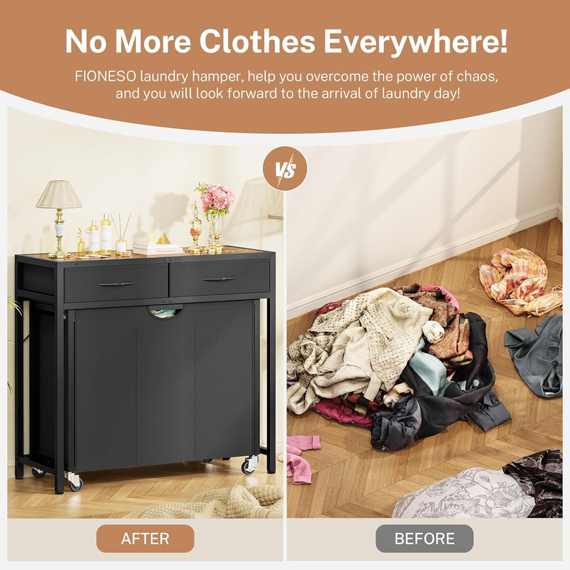 FIONESO Rolling Laundry Basket, Laundry Hamper with 3 Section Pull-Out Bags, 2 D
