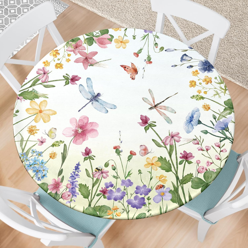 Spring Summer Floral round Fitted Tablecloth with Elastic Waterproof Outdoor Tab