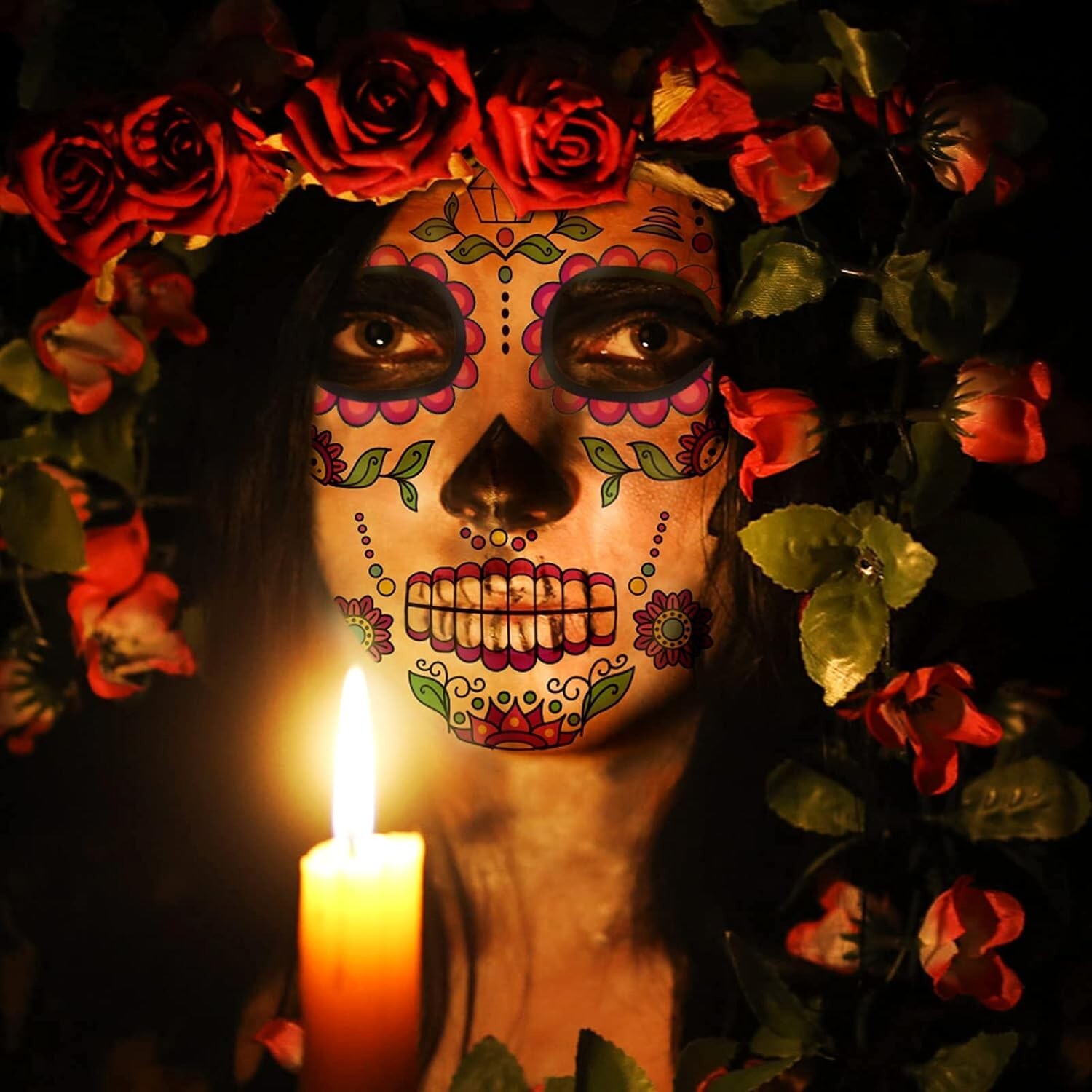 Day of the Dead Face Tattoos Makeup- Halloween Costume for Women Men Adults Kids
