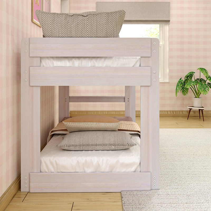 Modern Farmhouse Low Bunk Bed, Twin-Over-Twin Bed Frame for Kids, White Wash