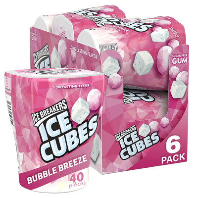 Ice Cubes Bubble Breeze Sugar Free Chewing Gum Bottles, 3.24 Oz (6 Count, 40 Pie