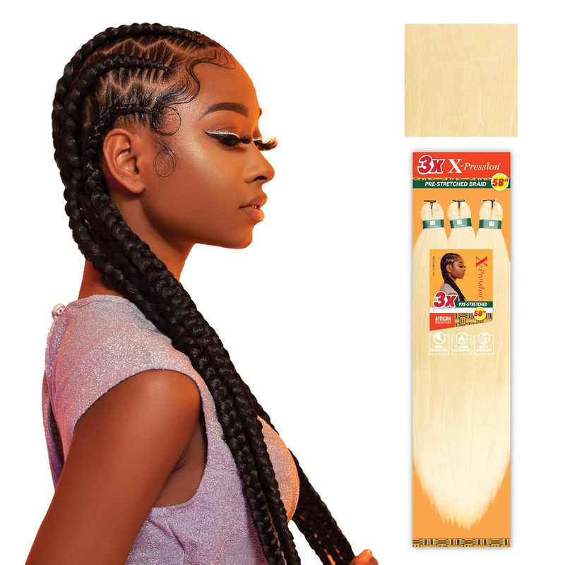 X-Pression Prestretched Braiding Hair - 3X Braid 58 Inch All Kanekalon Flame Retardant Synthetic Braid for Box Braids and Twists (4 Pack, 613 BLONDE)