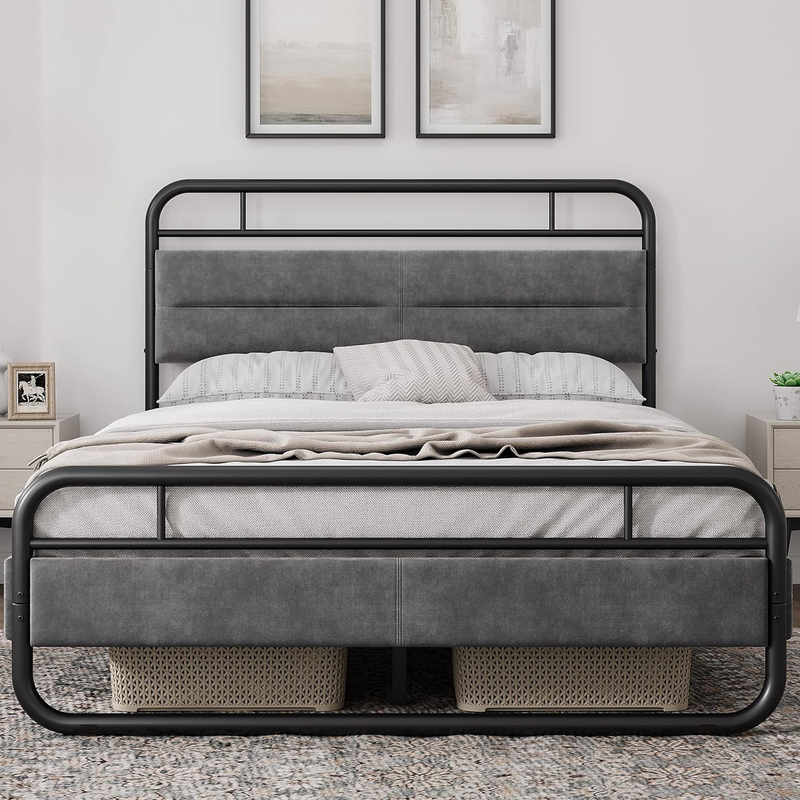 Heavy Duty Metal Bed With Curved Upholstered Headboard, 8.7 Inch