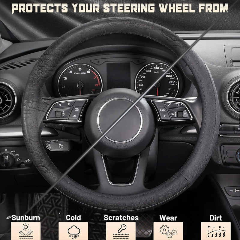 Black Microfiber Leather Auto Car Steering Wheel Cover Universal 15 inch