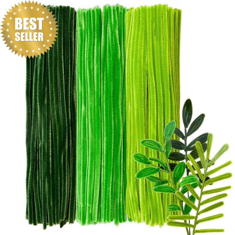 300PCS Green Pipe Cleaners, Chenille Stem Craft Set Fluffy Fuzzy Sticks, 3 Assor
