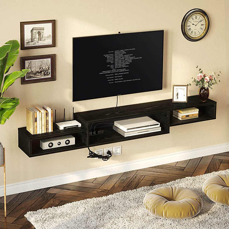 TV Stand 71", Floating TV Stand with Power Outlet & LED Light, Black Wall Mounte