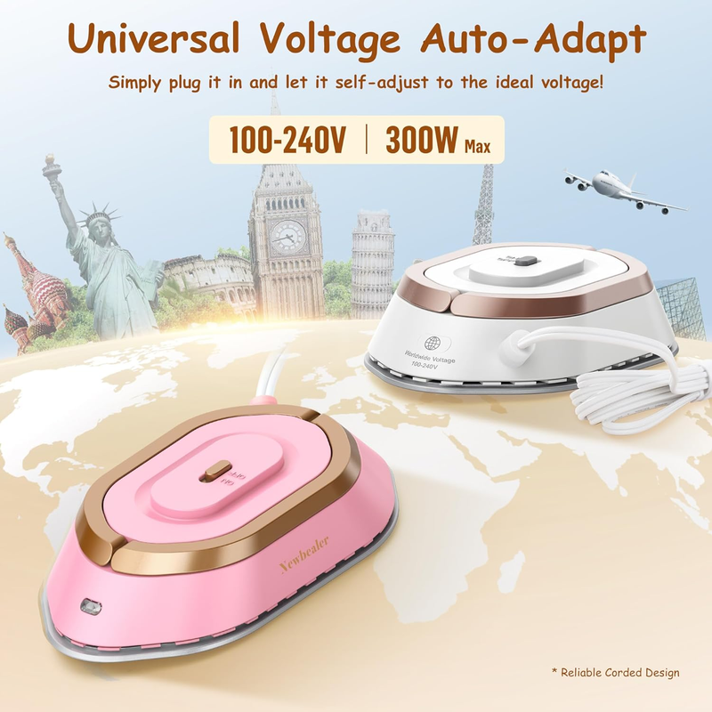 Travel Iron with Global Voltage, 100-240V Mini Dry Iron for Clothes (No Steam),