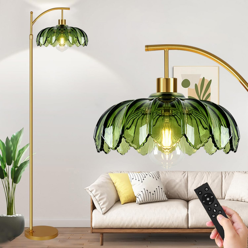 Gold Floor Lamp for Living Room Bedroom with Remote,Unique Vintage Standing Tall Lamp,Mid Century Modern Floor Lamps with Dimmable Bulb,Arc Green Glass Floor Lamps for Office Corner