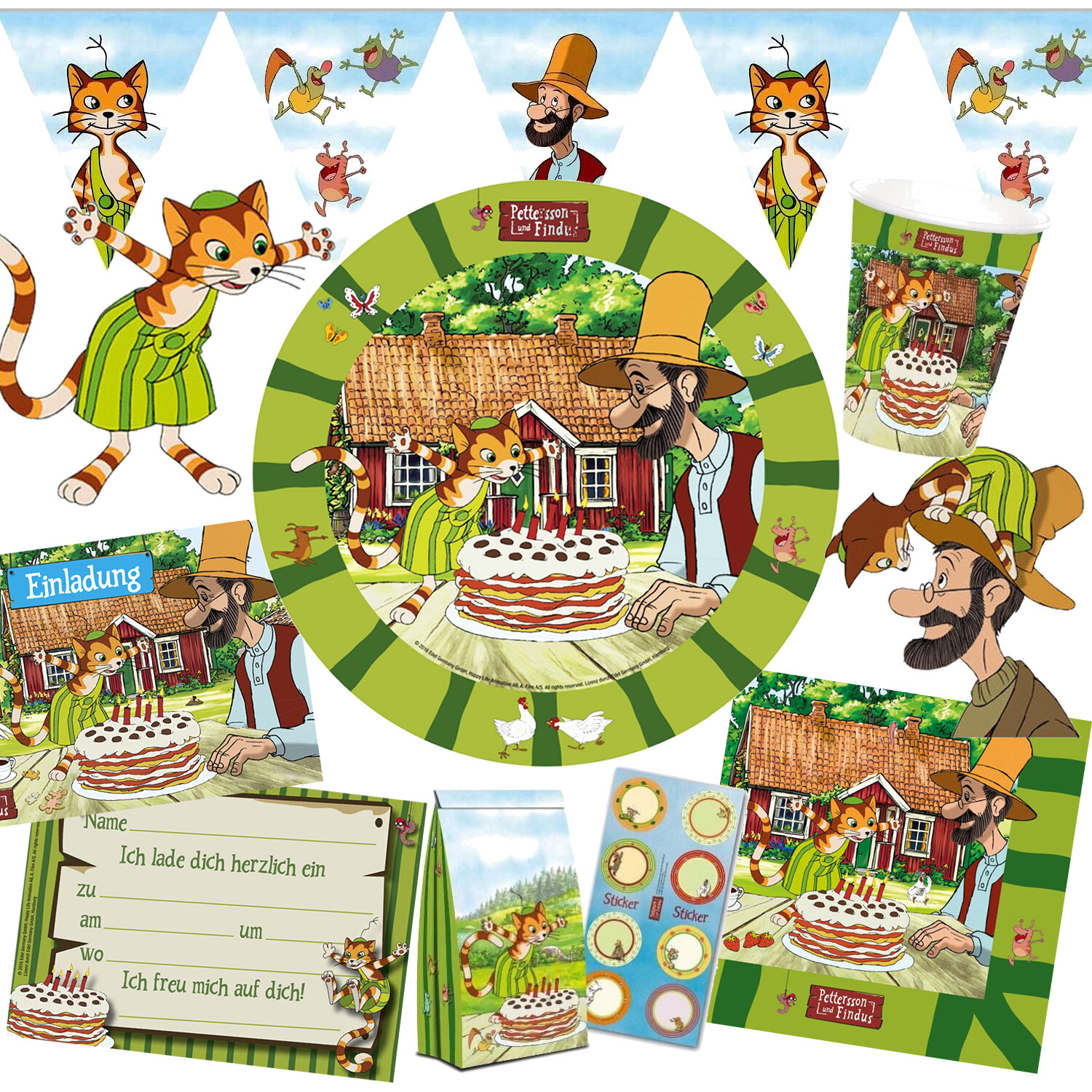 68-teiliges Party-Set Pettersson Und Findus – Für 8 Kinder Mit Tellern, Bechern, Tattoos & Mehr