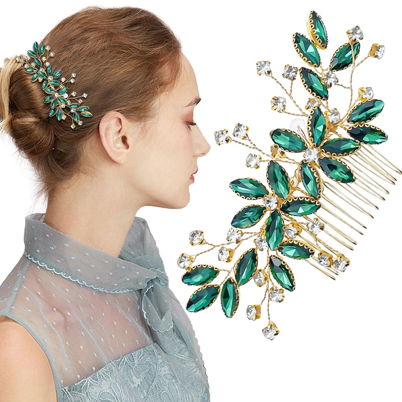 Green Crystal Bride Wedding Hair Side Comb Green Leaf  display picture 2