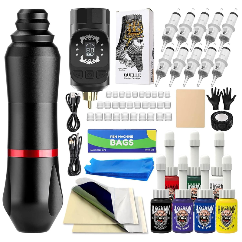 Wireless Rotary Tattoo Gun Kit with Power Supply Battery and 7 Inks
