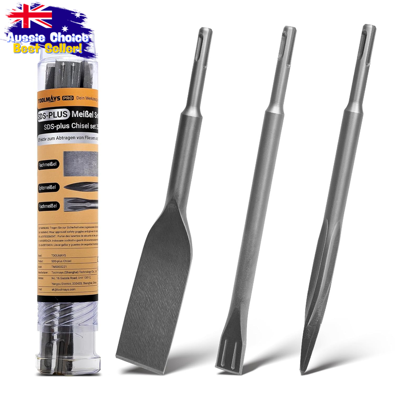 3-Piece SDS Plus Chisel Set, Heavy Duty Pointed & Flat Bits for Concrete, Tile