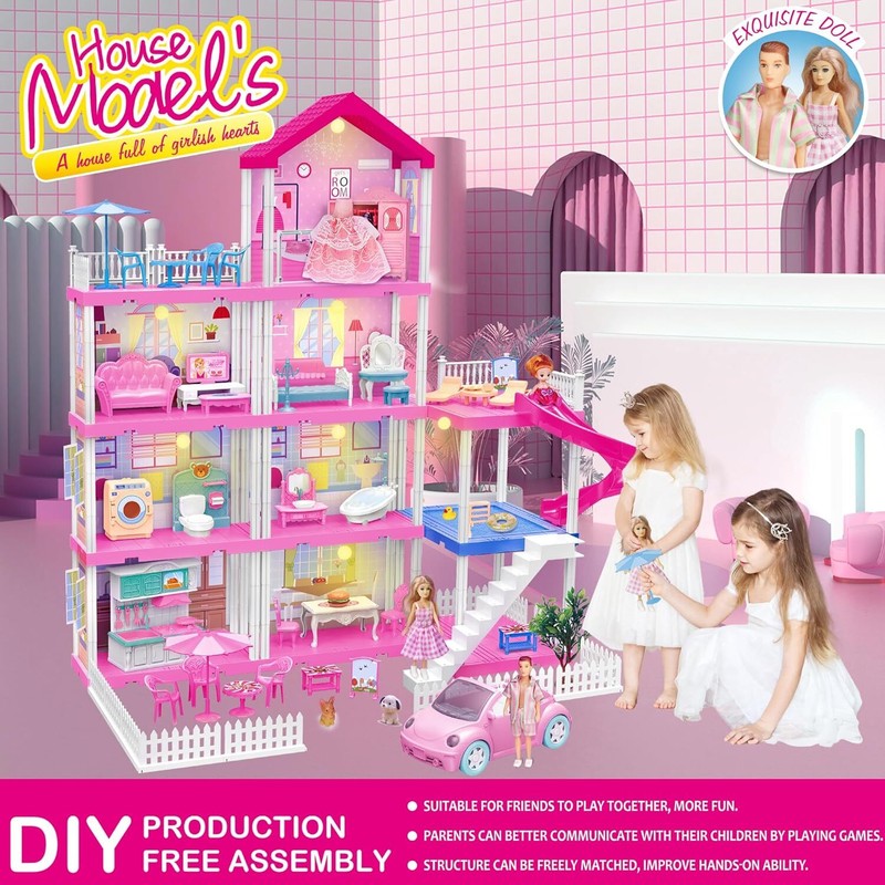 Doll Houses for Girls, House for Dream Doll Playset, 4-Story 11 Rooms & 3 Dolls