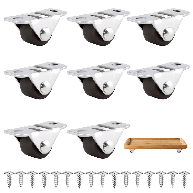 8 Pack 1/2 Inch Low Profile Mini Caster Wheels,Non Swivel Rubber Rollers with St