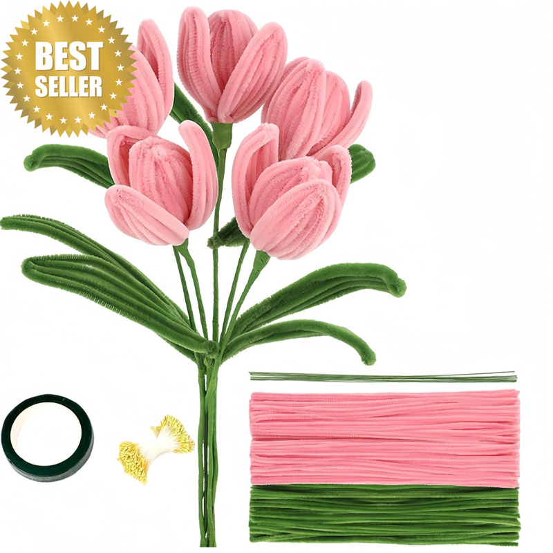 300 Pcs Pink Pipe Cleaners Craft Set, Chenille Stems with Green Floral Wires, Ga