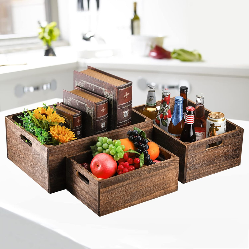 Set of 3 Wood Nesting Storage Crates with Handles, Decorative Farmhouse Wooden C
