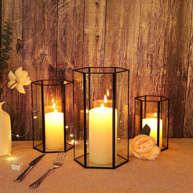 Glass Hurricane Candle Holder, Set of 3 Large Clear Hexagon Lanterns Pillar Cand