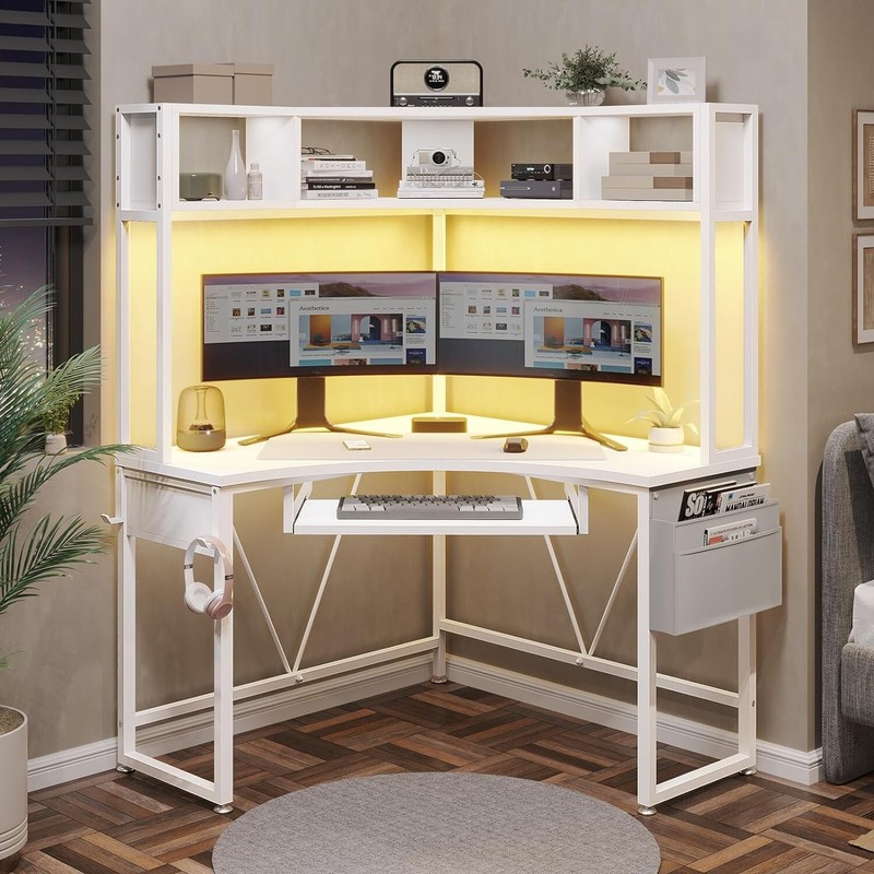 Corner Desk, Small Computer Desk with Hutch &LED Lights Small
