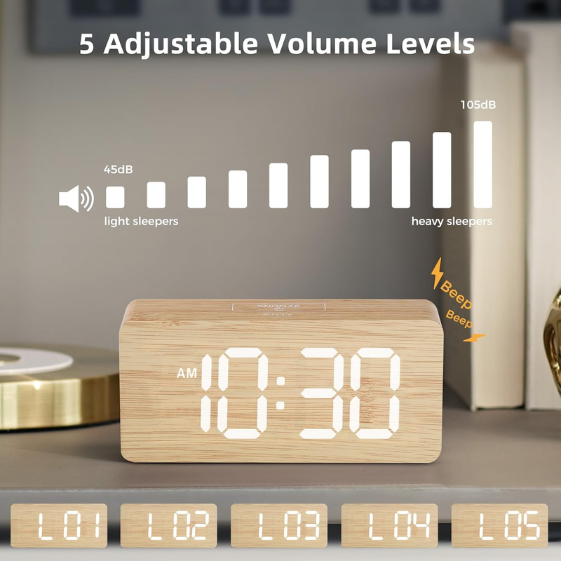 Wooden Digital Alarm Clocks for Bedrooms: Dimmable Dual Alarm Clock with Large N
