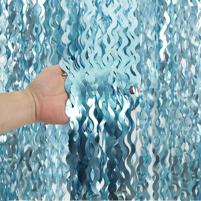 4 Pack Wavy Blue Foil Fringe Curtain 3.3X6.6 Feet | Blue Streamers Tinsel Backdr
