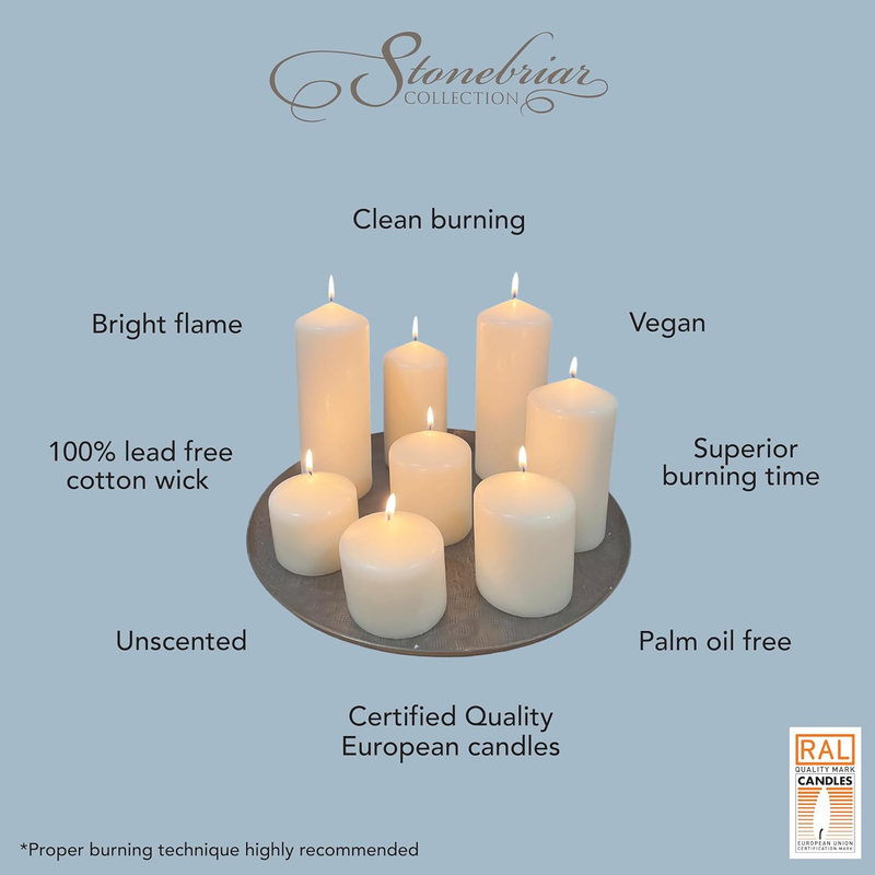 Unscented White Tall Pillar Candles, 65 Hour Burning Candle Pillars, Perfect for