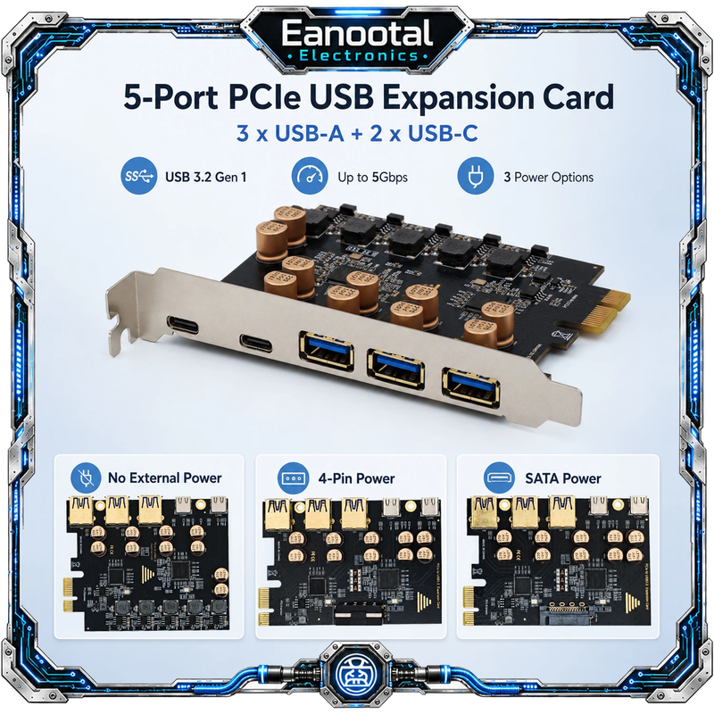 PCIe x1 USB 3.0 Expansion Card with 3 USB-A and 2 USB-C Ports for Desktop Comput