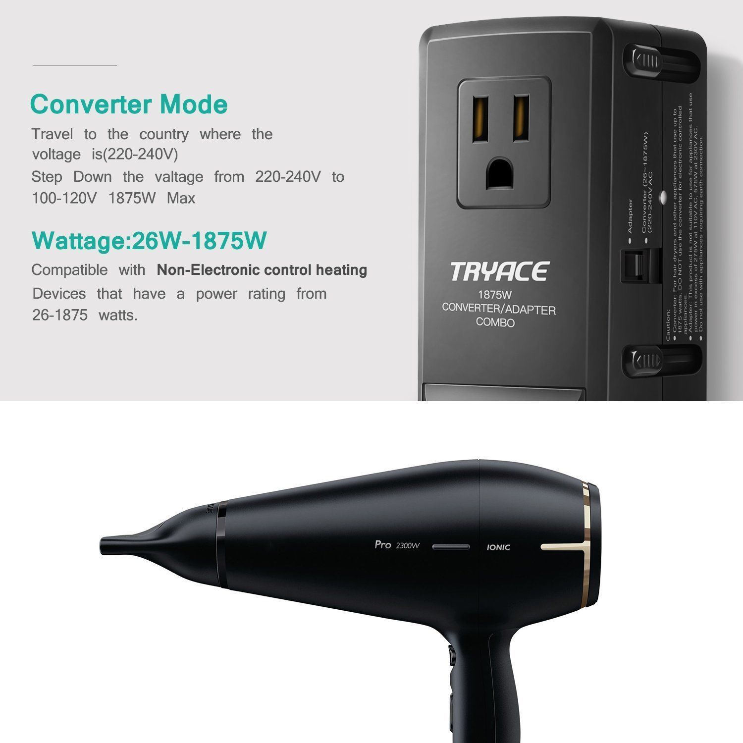 TryAce 1875W World Travel Adapter & Converter Combo 240V to 110V International