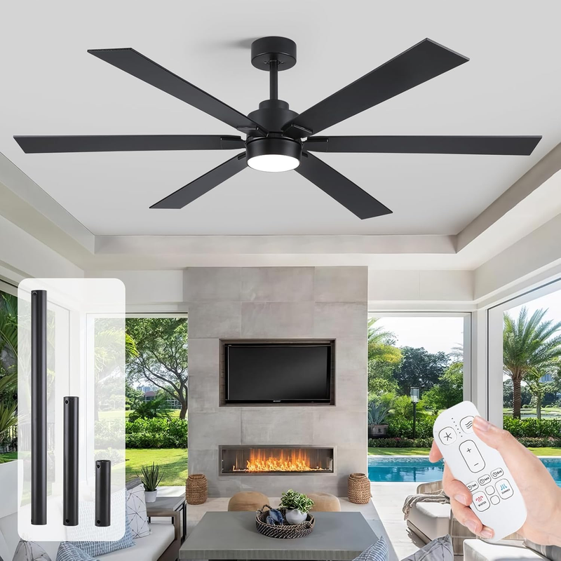 66 Inch Outdoor Ceiling Fans for Patios with Light, Large Modern Black Industrial Ceiling Fan with Light High CFM Quiet DC Motor, Damp-Rated Indoor Exterior Ceiling Fan for Porch Garage Commercial