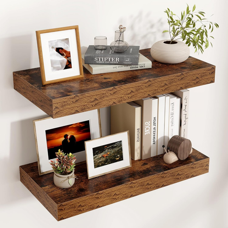 Floating Shelves for Wall, 2 Large Wall Mounted Shelves with Invisible Brackets, Long Wood Floating Wall Shelf Shelves for Living Room, Bedroom, Kitchen, (Brown, 24