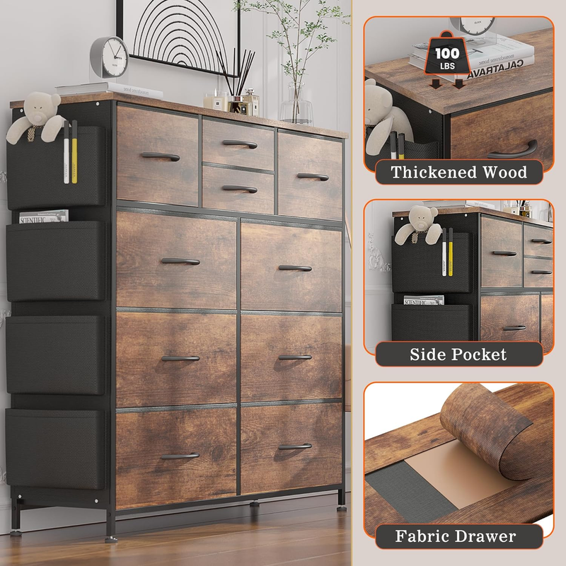Dresser for Bedroom with 10 Drawers, Chest of Drawers with Side Pockets and Hook